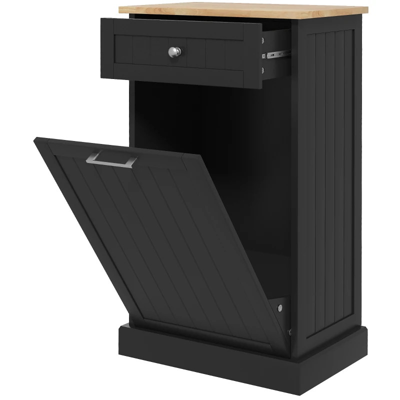 HOMCOM 10 Gallon Tilt Out Trash Cabinet, Wooden Hidden Trash Can with Storage Drawer for Kitchen, Laundry Hamper Cabinet for Bathroom, Black