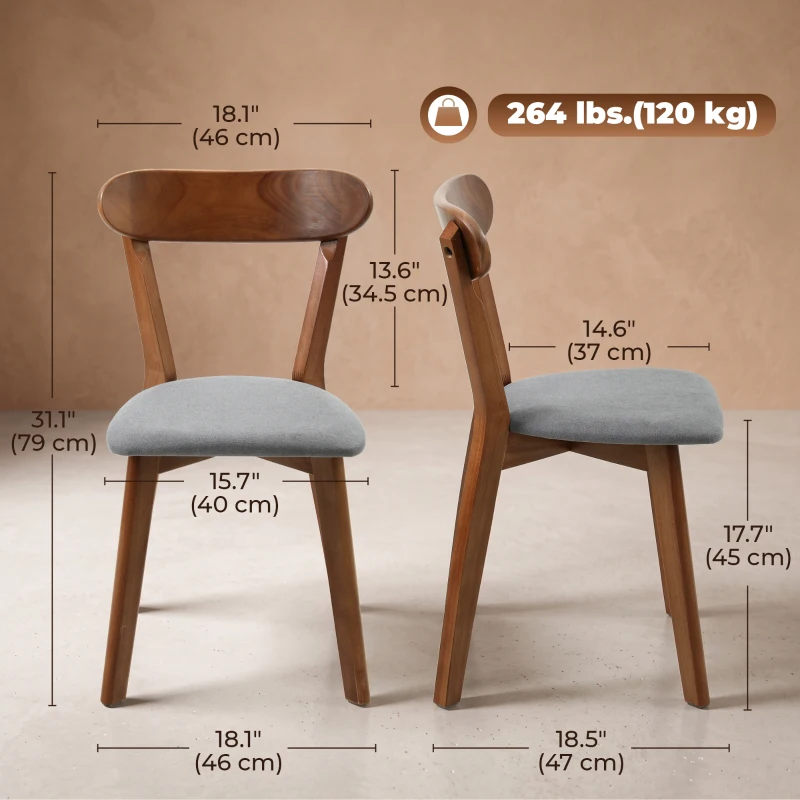 HOMCOM Dining Chairs Upholstered Linen-Look Kitchen Chairs Rubberwood Legs Set of 4 Grey and Brown