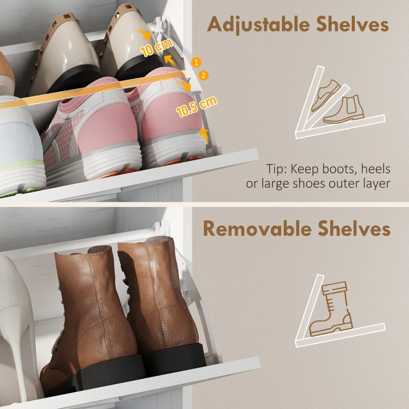 HOMCOM Narrow Shoe Storage Cabinet with 2 Flip Drawers, Slim Shoe Cabinet for 15-20 Pairs, White Wood Grain