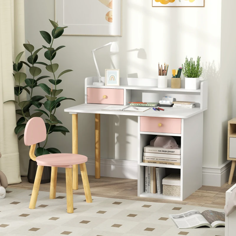 Qaba Kids Study Table and Chair Set, Kids Desk and Chair Set w/ Storage and Shelves, for 3-8 Year Old, Pink