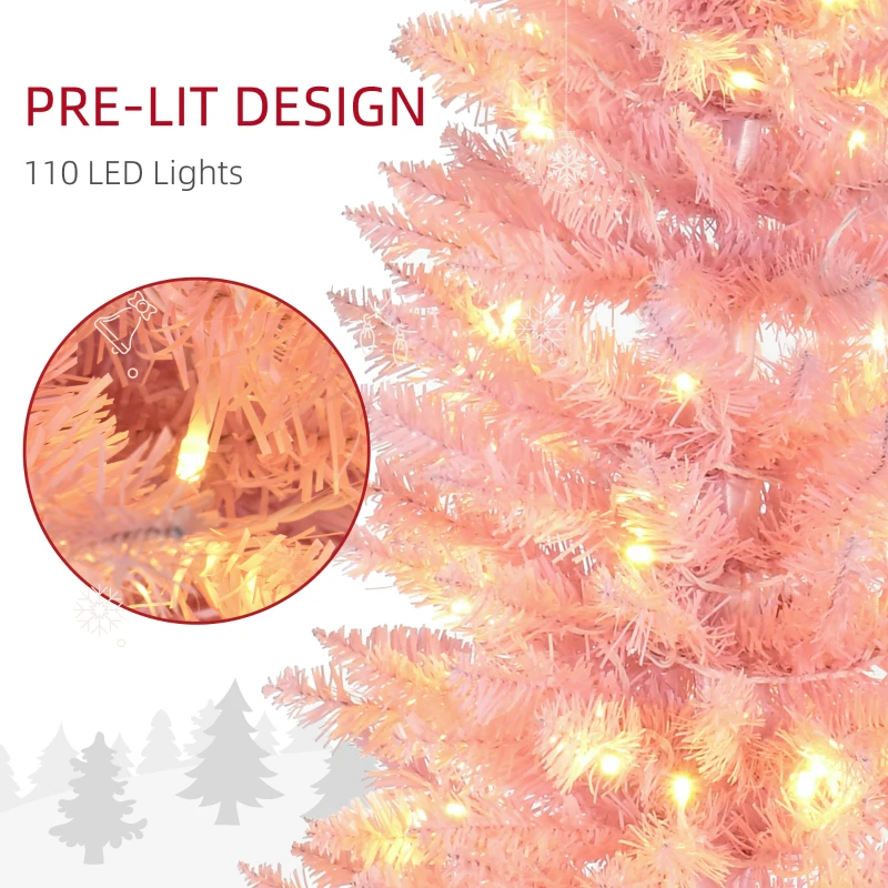 HOMCOM 5' Pre Lit Artificial Pencil Christmas Trees, Xmas Tree with Realistic Branches and Warm White LED Lights, Pink