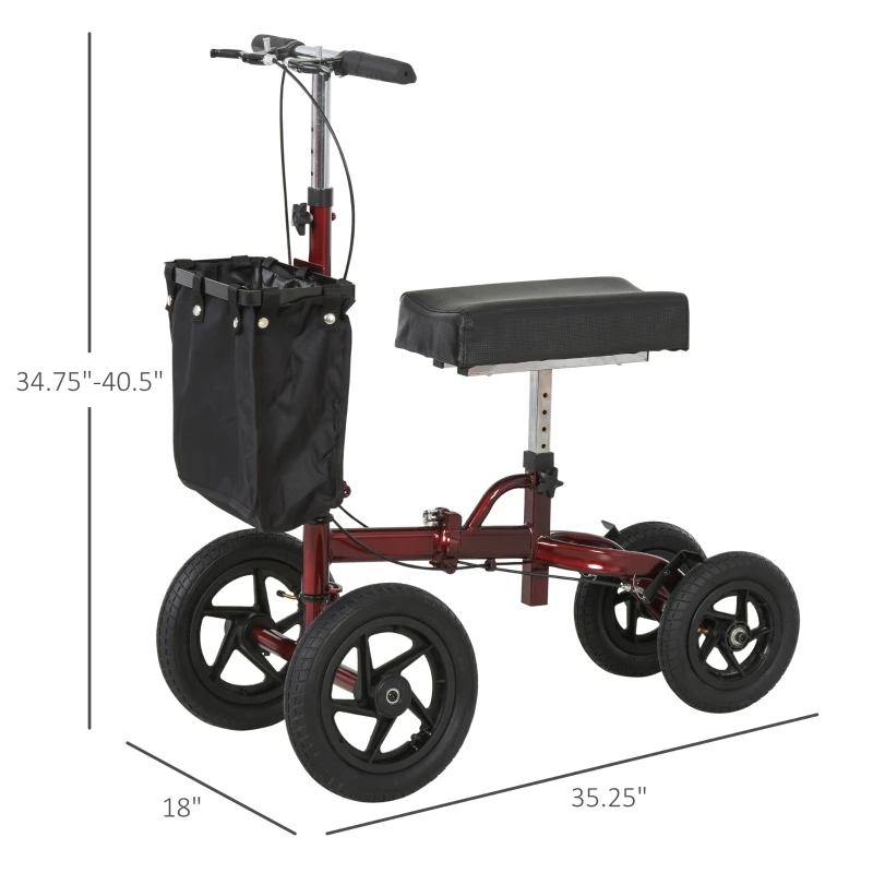 HOMCOM Knee Scooter for Foot Injuries in Adults with Basket Storage, Portable Folding Knee Walker Mobility Scooter for Medical Rehabilitation & Injuries, Red