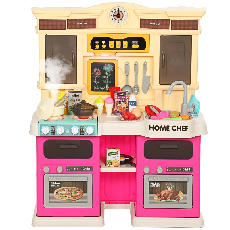 Qaba Play Kitchen Set, Kids Kitchen Playset with Real Lights and Sounds, Sink, Stove, Clock, Accessories, Pink