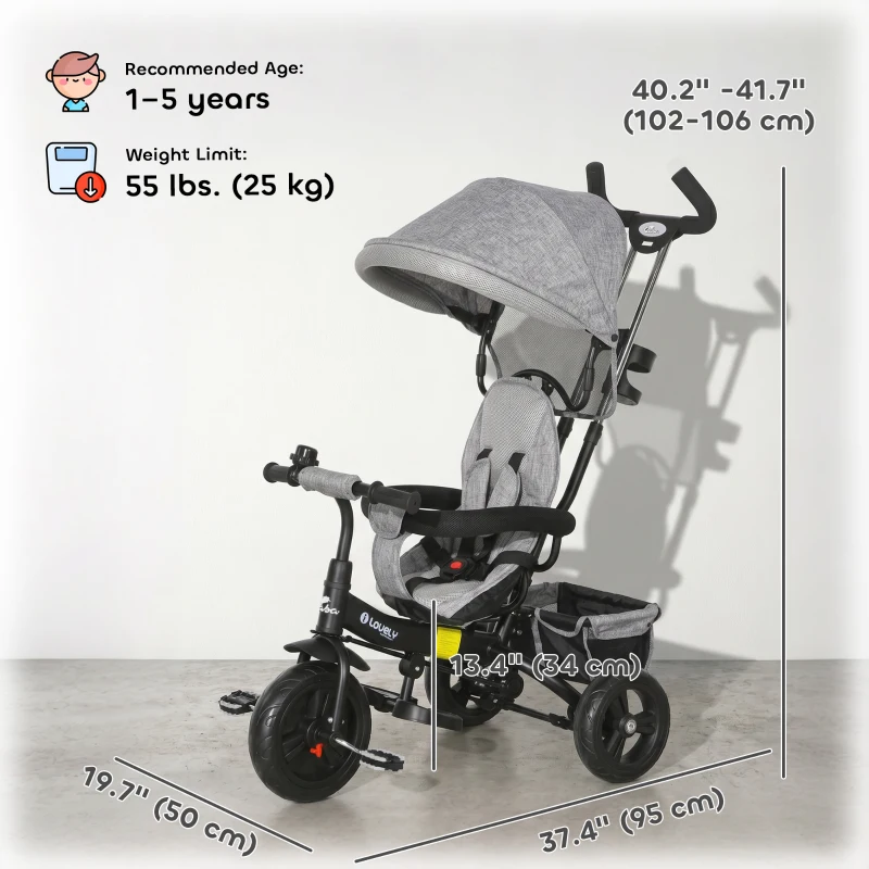 Qaba 6 in 1 Toddler Tricycle Stroller with Basket, Canopy, 5-point Safety Harness, for 12-60 Months, Grey