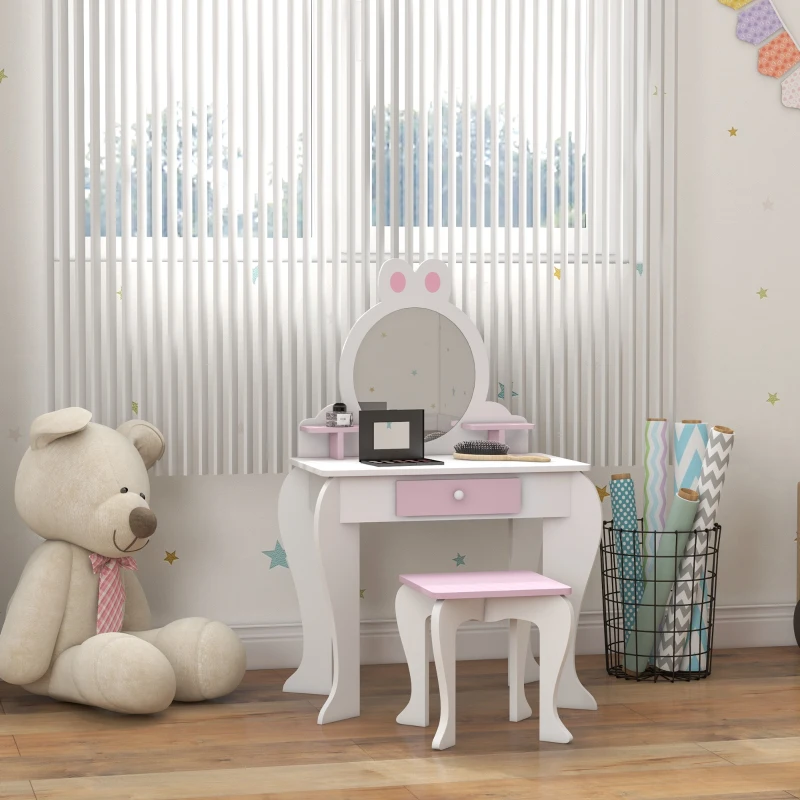 Qaba Kids Makeup Vanity Set with Stool, Mirror, Drawer, Storage Boxes, Rabbit Design, White