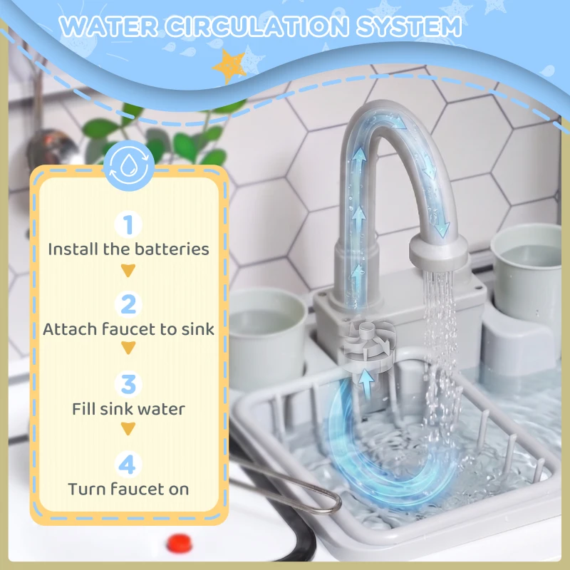 Qaba Play Kitchen, Kids Kitchen Playset w/ Lights, Sounds, Running Water, Coffee Machine, Ice Maker & Microwave for 3-8 Years