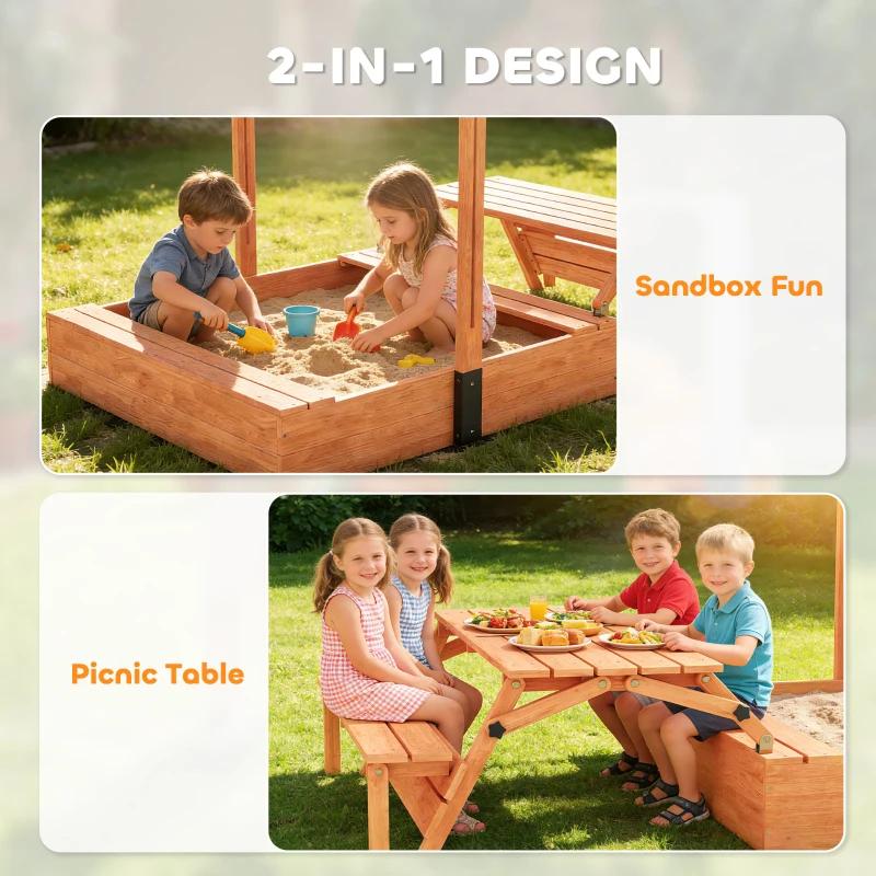 Qaba Kids Sandbox with Canopy, Wooden Sand Box with Foldable Picnic Table, Bench Seats, Liner, Cover, Gift for Ages 3-8