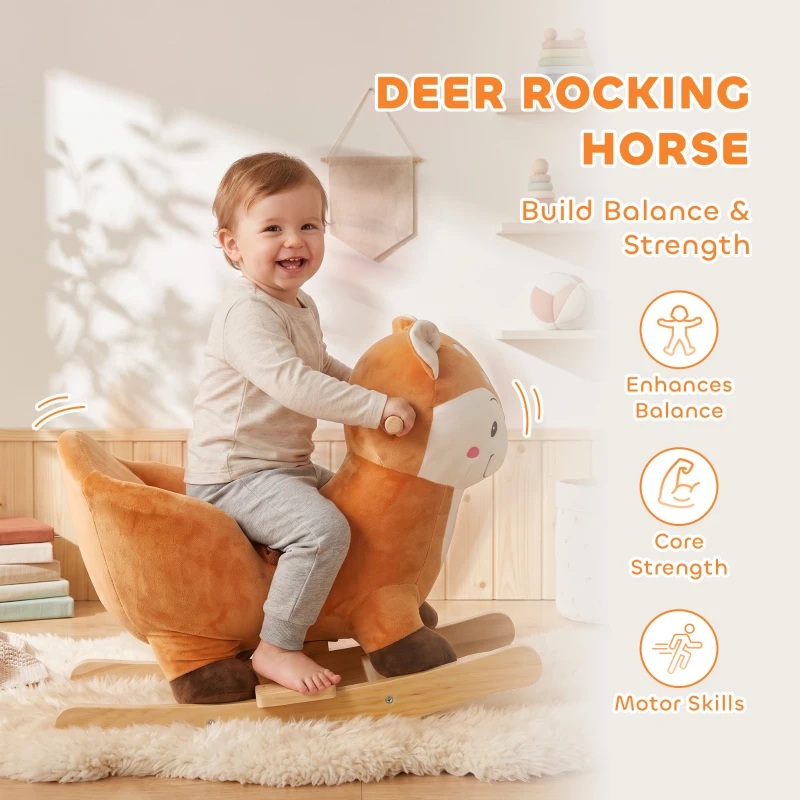 Qaba Deer Rocking Horse for Toddlers 1-3 Years, Baby Rocking Horse with Seat Belt, Sounds, Wooden Rocker, Brown