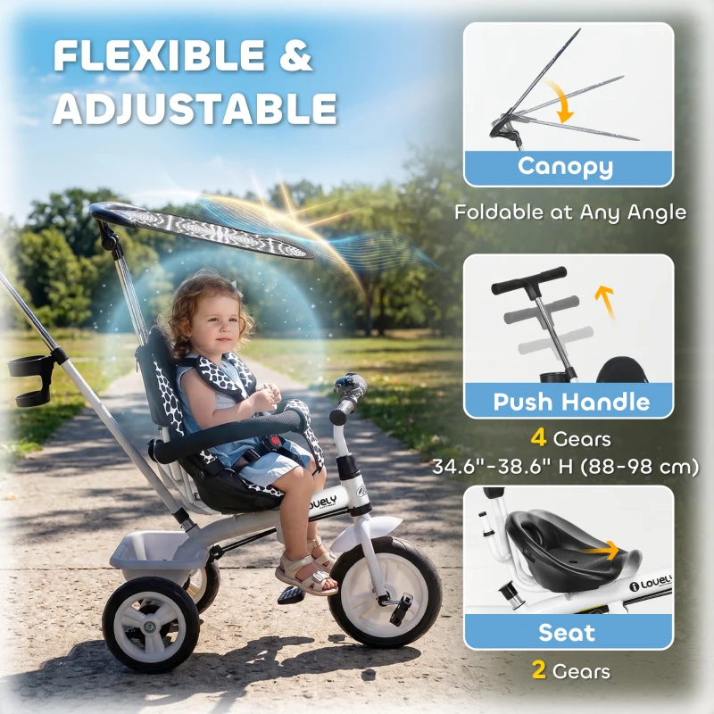 Qaba 6 in 1 Kids Tricycle with Removable Handlebar and Canopy, White