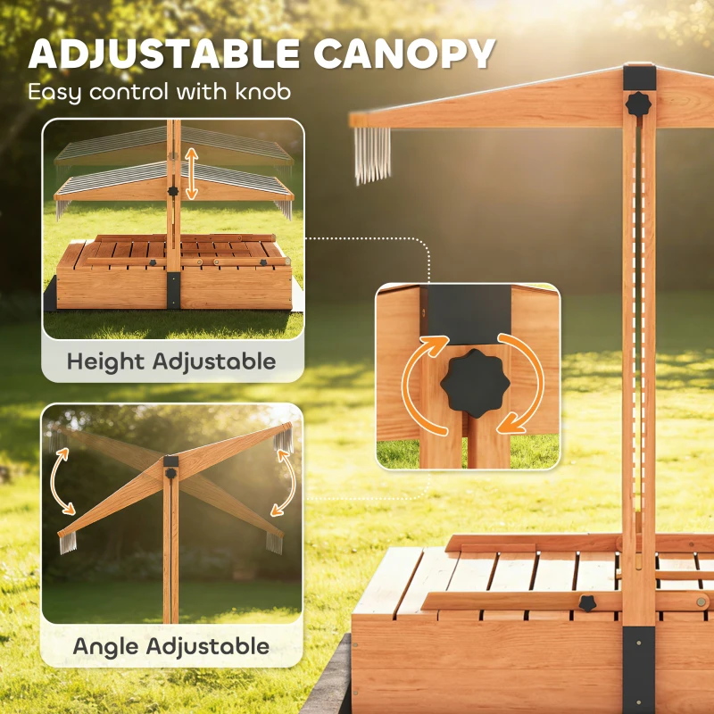 Qaba Kids Sandbox with Lid, Wooden Sand Pit with Canopy, Foldable Picnic Table, Bench Seats, Bottom Liner, Cover, Brown