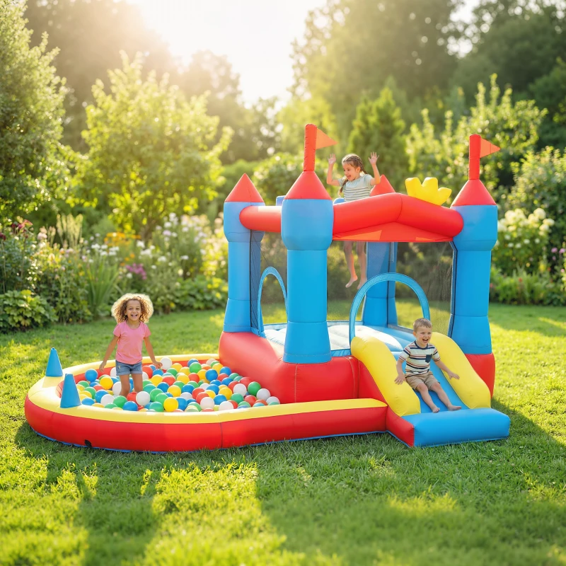 Qaba Bouncy Castle for Kids, Inflatable Bounce House with Slide, Pool/Ball Pit, Basketball Hoop and Blower for Indoor Outdoor