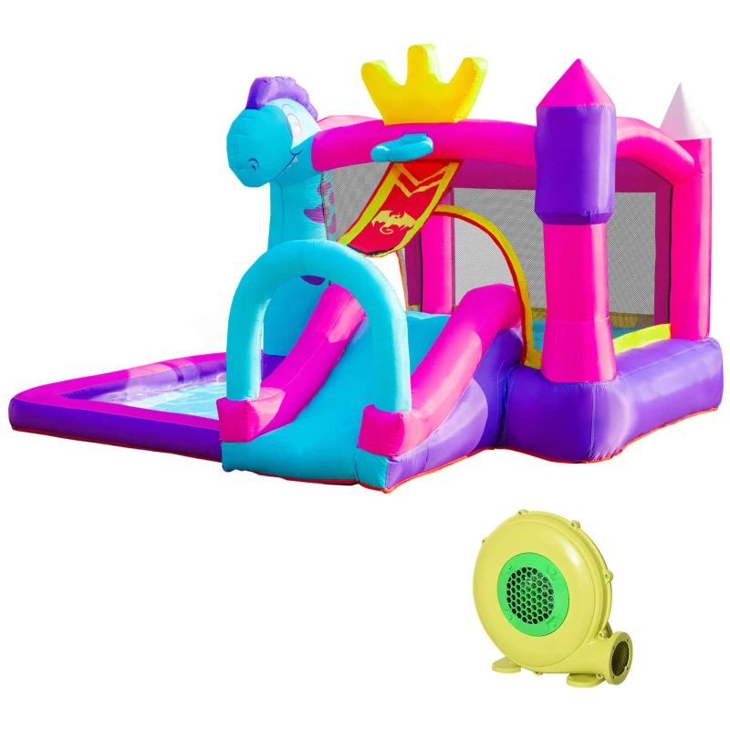 Outsunny Kids Bouncy House with Blower, 4 in 1 Large Bounce Castle with Jumping, Water Pool, Slide for Outdoor and Indoor