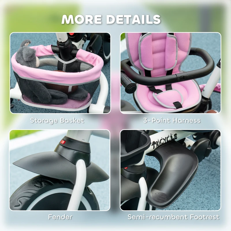 Aosom Tricycle for Toddler 6-in-1 Kids Trike, Foldable Converts Stroller to Baby Push Bike, Adjustable Backrest with Detachable Guardrail & Handle, Brake for 1-4 Years Old, Pink