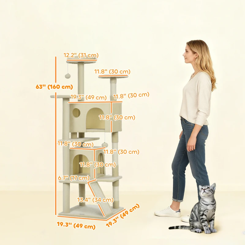 PawHut 63" Cat Tree, Multi-Level Cat Tower with Scratching Posts, Cat Condos, Bed, Platforms, Ramp, Toy Ball, Cream White