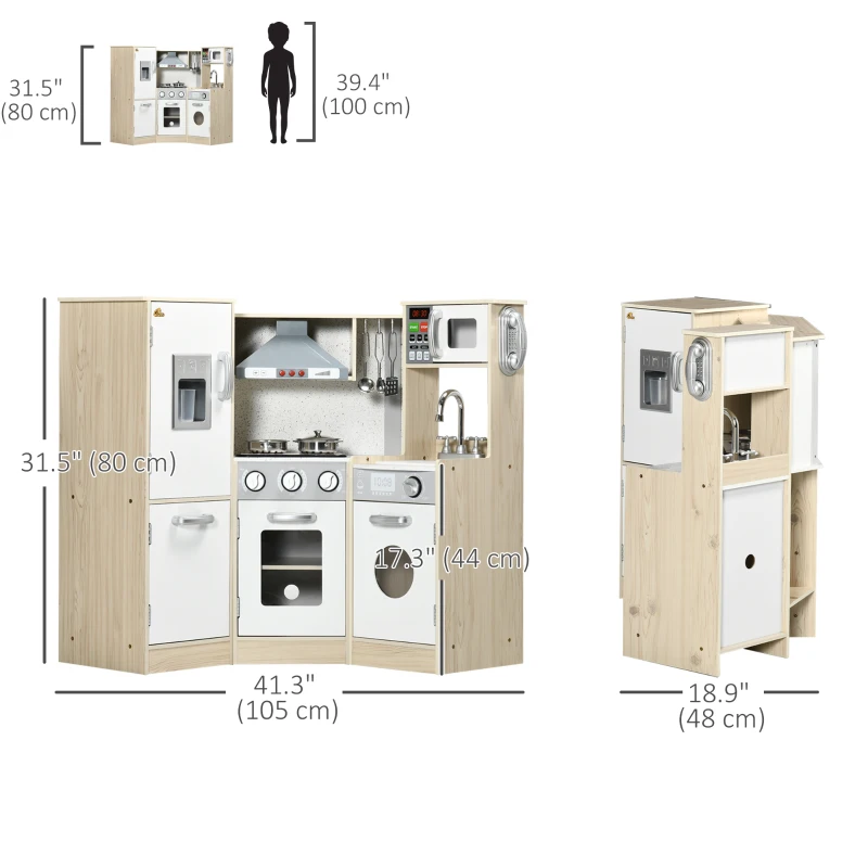 Qaba Wooden Play Kitchen with Lights Sounds, Corner Kids Kitchen Playset with Play Phone, Ice Maker, Microwave, Range Hood, Refrigerator, Utensils, For Ages 3-6 Years Old, White
