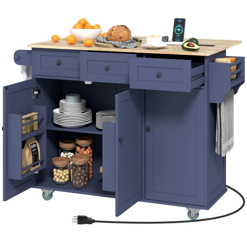 HOMCOM Kitchen Island on Wheels with Drop Leaf, Charging Station, Rolling Kitchen Cart with Wood Top, Adjustable Shelf, Blue