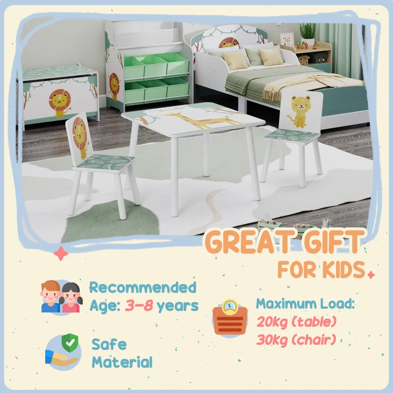 Qaba 3-Piece Kids Table and Chair Set with Animal Pattern for Boys and Girls Aged 3-8, Bedroom, Nursery, Playroom, Green