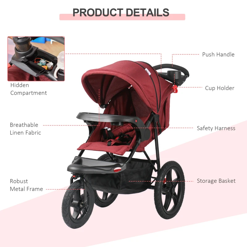 Qaba Baby Stroller Foldable Carriage for Toddler with Adjustable Backrest and Canopy Suspension System Rubber Tire 5-Point Harness Cup Holder Storage Basket Red