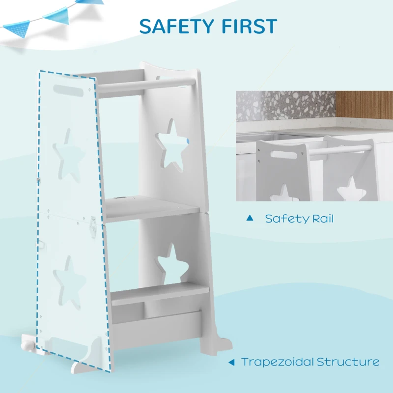 Qaba 2 in 1 Toddler Tower with Safety Rail for Bathroom, Sink, Kitchen or Counter, White
