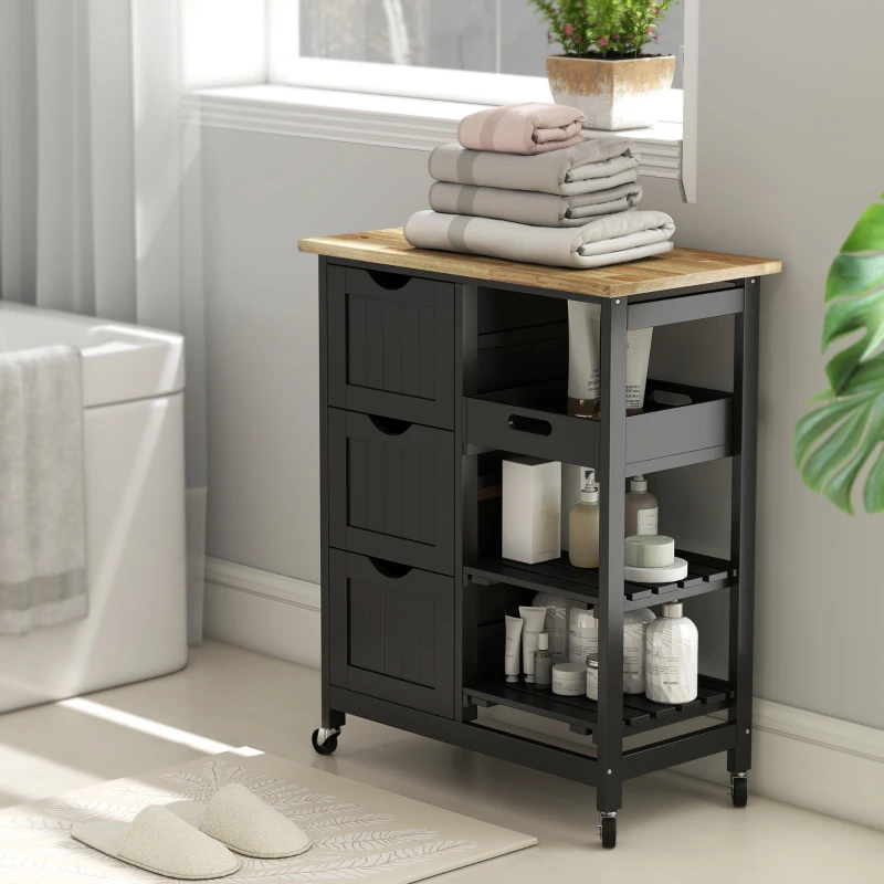 HOMCOM Rolling Kitchen Cart, Kitchen Island with Wood Top, Shelves & Drawers for Dining Area, Black