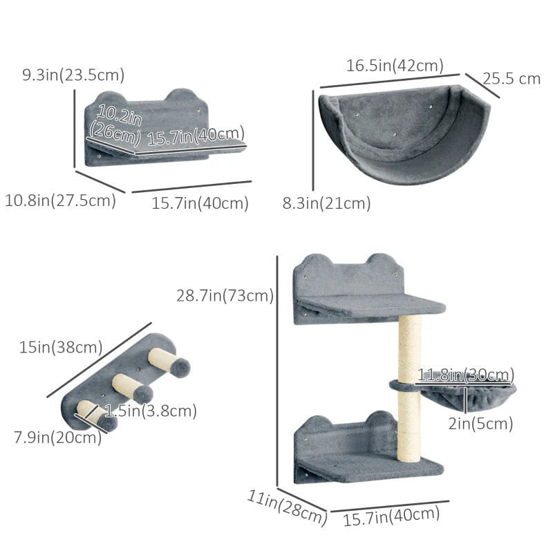 PawHut Cat Wall Shelves, 3PCs Cat Shelves with Hammock, Scratching Post, 3 Steps, Jumping Platforms, Wall Mounted Cat Climber, Grey