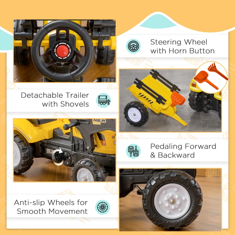 Aosom Front Loader Excavator Ride On Toy Pedal Control with 6 Wheels Controllable Bucket for 3 Years Old, Yellow