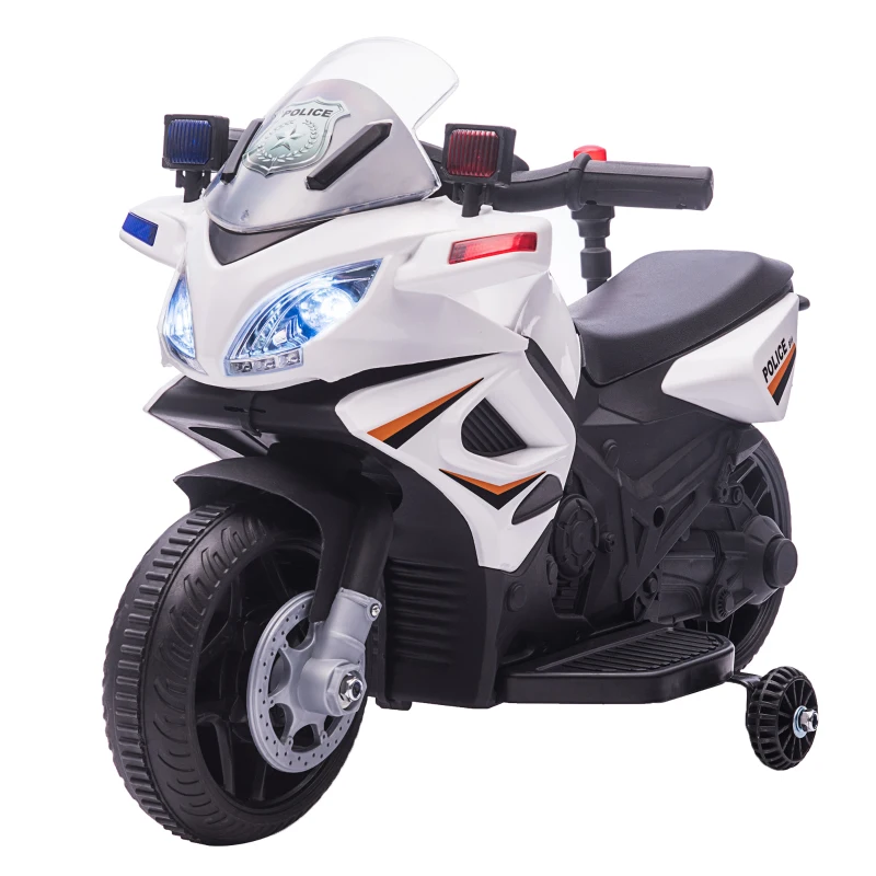 Aosom 6V Kids Motorcycle Police Electric Ride-On Dirt Bike Off-road Street Bike Battery Powered Rechargeable Horn Headlights Training Wheels Realistic Sounds for Girls and Boys 18 - 36 months White