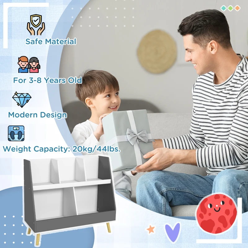 Qaba 2 Tier Kids Bookcase Toy Shelf with 5 Compartments, Anti-tip Device for Nursery, Playroom, Gray