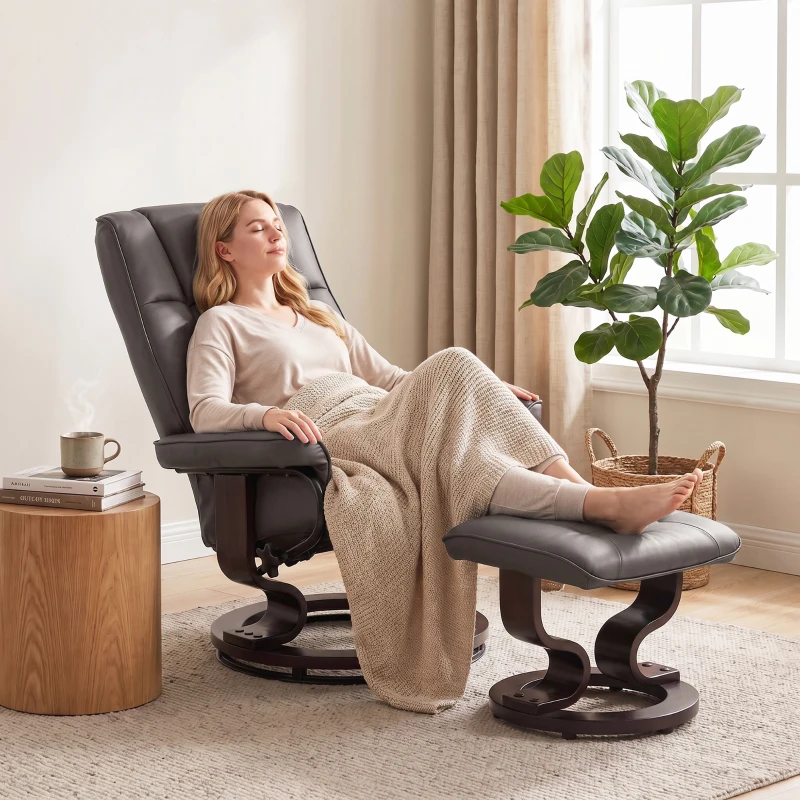 HOMCOM Faux Leather Reclining Chair with Ottoman, Manual Recliner with Tufted Back and Wood Frame for Living Room, Brown