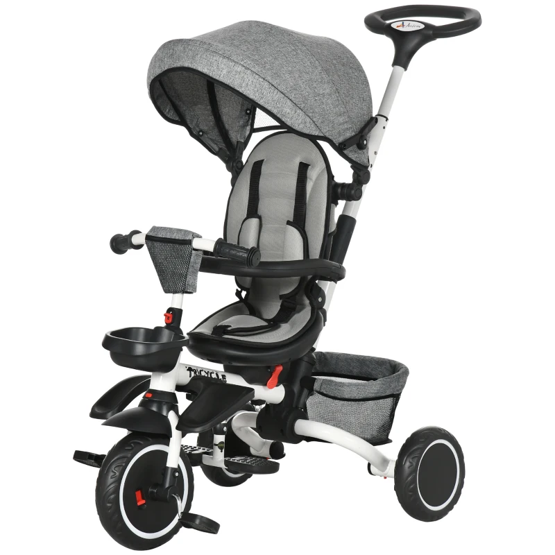 Aosom Tricycle for Toddler 6-in-1 Kids Trike, Foldable Converts Stroller to Baby Push Bike, Adjustable Backrest with Detachable Guardrail & Handle, Brake for 1-4 Years Old, Grey