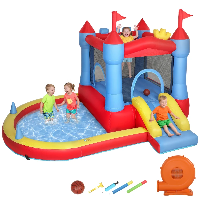 Qaba Bouncy Castle for Kids, Inflatable Bounce House with Slide, Pool/Ball Pit, Basketball Hoop and Blower for Indoor Outdoor