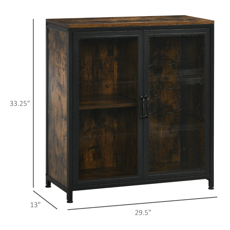 HOMCOM Industrial Wine Cabinet with 9 Bottle Wine Rack, Retro Liquor Cabinet with Glass Holders, Mesh Doors, and Storage Shelf for Home Bar, Dining Room, Rustic Brown
