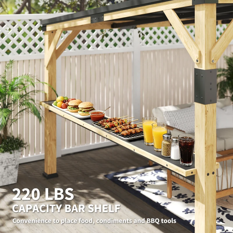 Outsunny 10' x 14' Wooden Gazebo, Hardtop Lean-to Gazebo Pergola with Galvanized Steel Sloped Roof, Bar Shelf, Natural Wood
