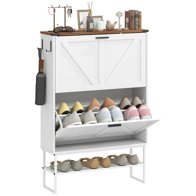 HOMCOM Narrow Shoe Storage Cabinet with 2 Flip Drawers, Slim Shoe Cabinet for 15-20 Pairs, White Wood Grain