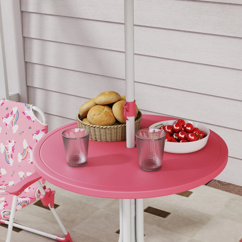 Qaba Kids Picnic Table, Kids Table and Chair Set with 2 Folding Chairs and Umbrella for Backyard, Garden, Patio, Pink