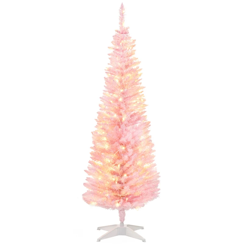 HOMCOM 5' Pre Lit Artificial Pencil Christmas Trees, Xmas Tree with Realistic Branches and Warm White LED Lights, Pink
