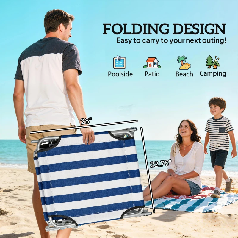 Outsunny Outdoor Pool Chaise Lounge Chair, Folding Tanning Chair with Sun Shade, Blue and White