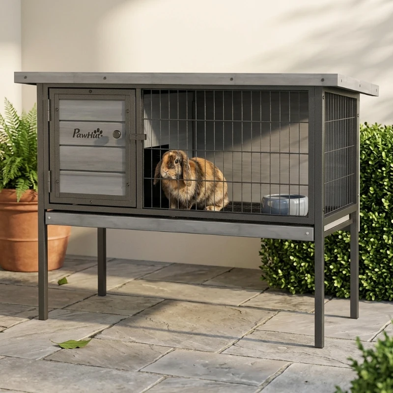 PawHut Wooden Rabbit Hutch Elevated with No Leak Tray, Openable Roof for Indoor/Outdoor, Gray