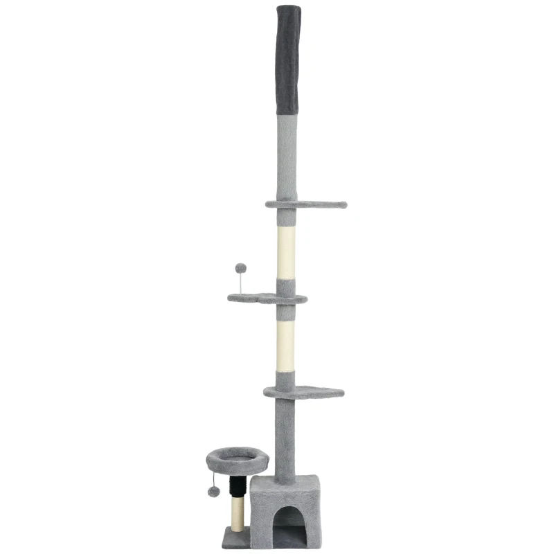 PawHut Floor to Ceiling Cat Tree, 4 Tiers Tall Kitty Climbing Tower with Scratching Post, Adjustable Height 87-100"