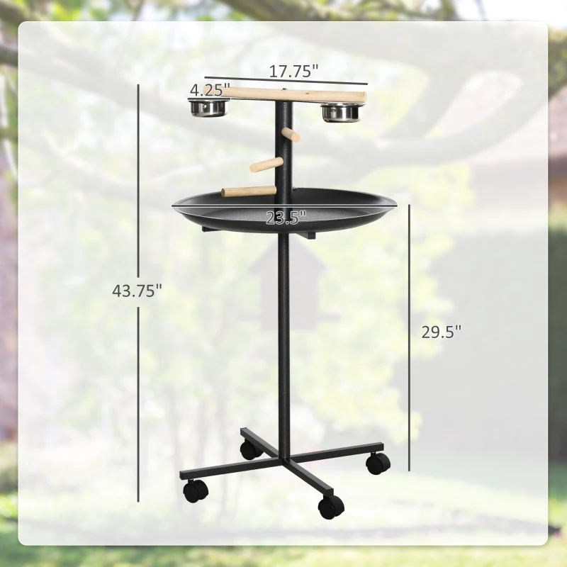 PawHut Portable Bird Play Stand, Parrot Perch Bird Feeder Station with Wheels, Stainless Steel Feeding Bowls, Tray, Gray