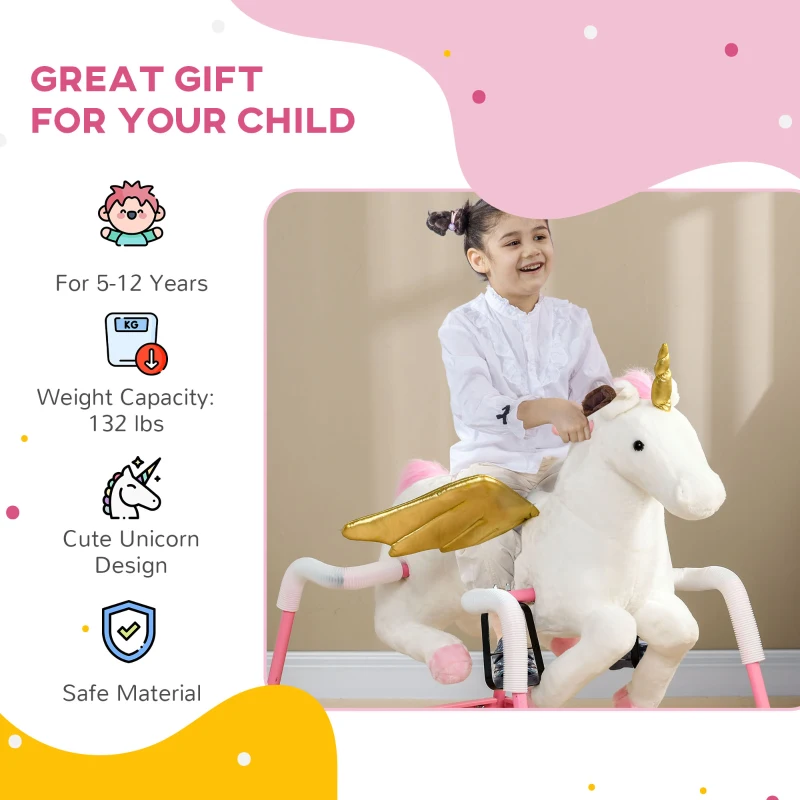 Qaba Kids Spring Rocking Horse Unicon, Ride on Horse for Girls and Boys with Sounds, Plush Animal Ride-on Toy with Soft Feel, Interactive Toy for Kids, Pink