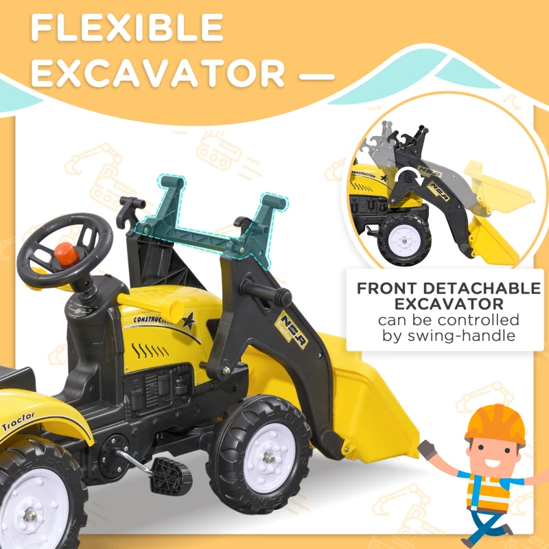 Aosom Front Loader Excavator Ride On Toy Pedal Control with 6 Wheels Controllable Bucket for 3 Years Old, Yellow