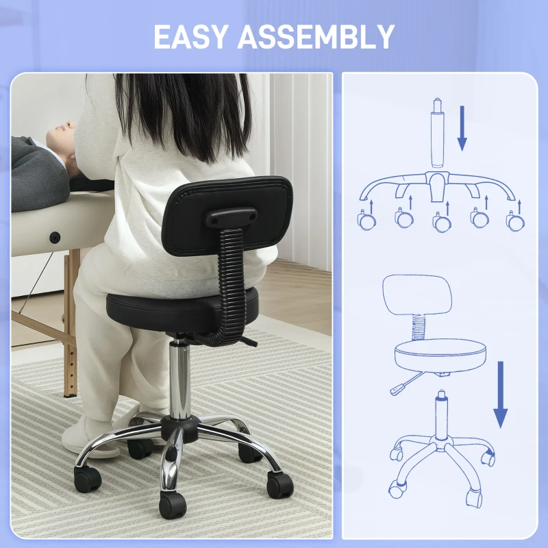 HOMCOM Adjustable Rolling Stool with Removable Backrest, Faux Leather Swivel Stool Chair for Salon Spa, Bar, Massage, Black