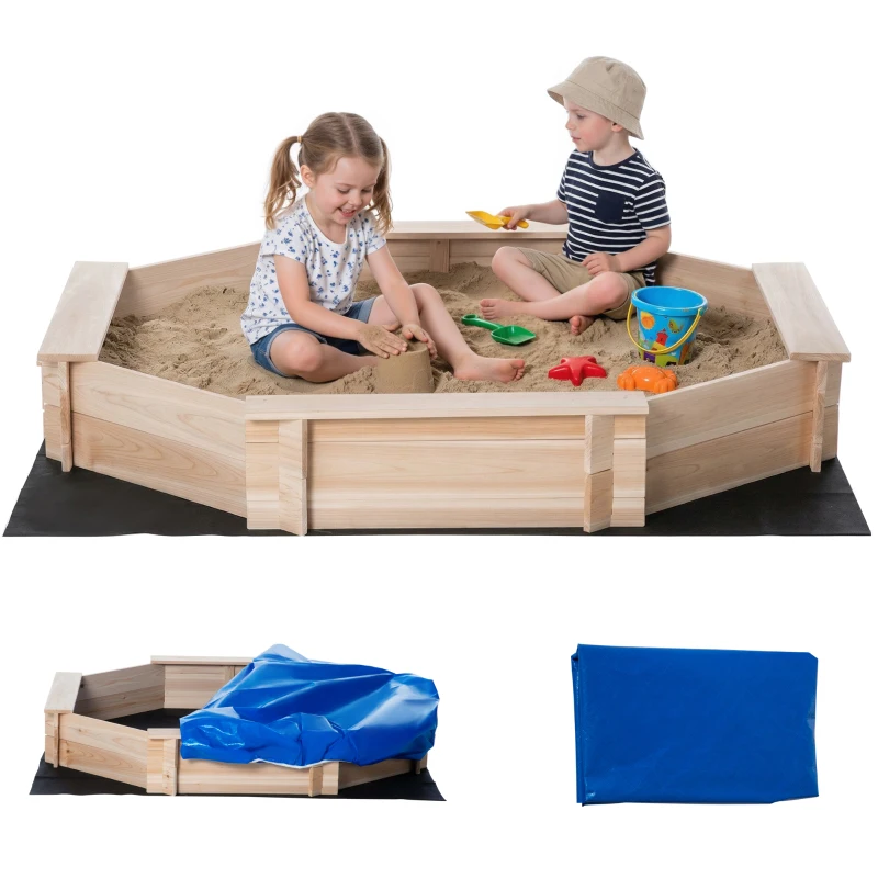 Outsunny Kids Sandbox with Cover, Wooden Sand Box with Seat, Outdoor Children Sand Pit for Backyard, Garden for Ages 3-8, Natural