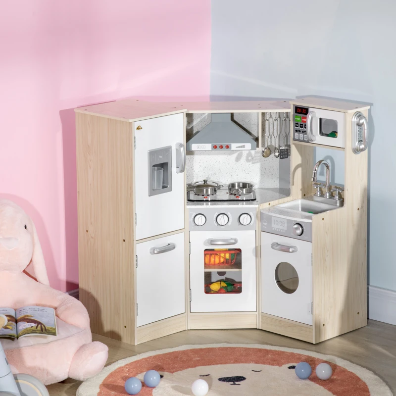 Qaba Wooden Play Kitchen with Lights Sounds, Corner Kids Kitchen Playset with Play Phone, Ice Maker, Microwave, Range Hood, Refrigerator, Utensils, For Ages 3-6 Years Old, White