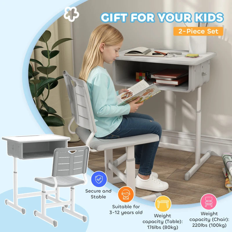 Qaba Kids Desk and Chair Set, Height Adjustable Children Study Desk and Chair with Drawer, Study Table for Bedroom, Grey