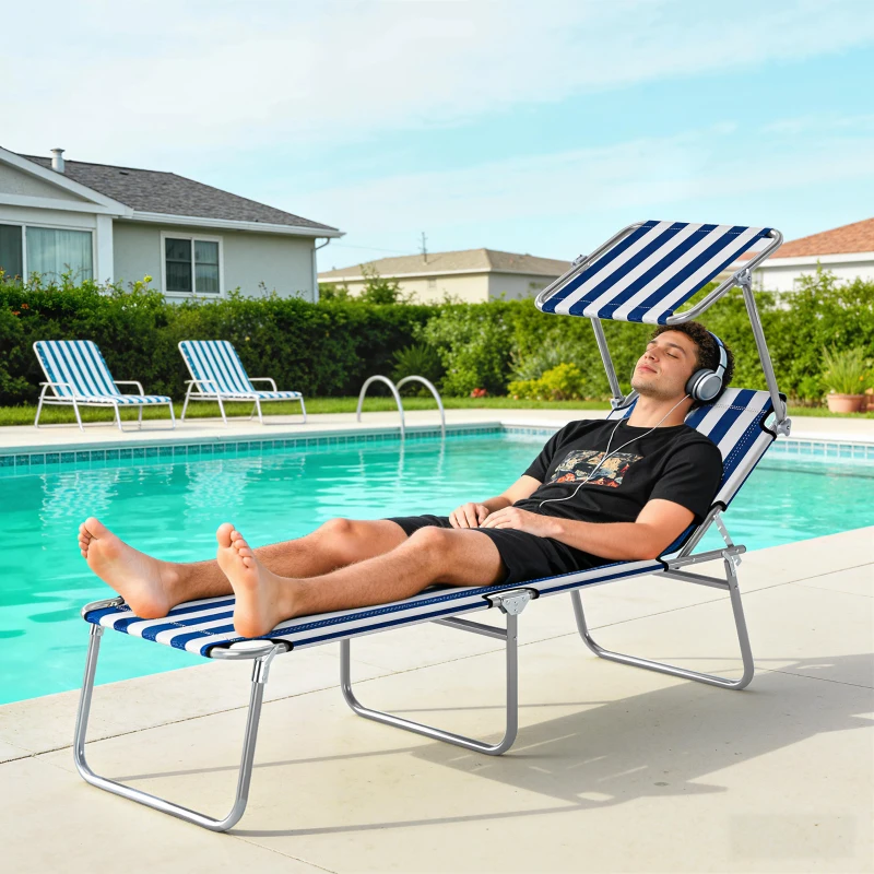 Outsunny Outdoor Pool Chaise Lounge Chair, Folding Tanning Chair with Sun Shade, Blue and White