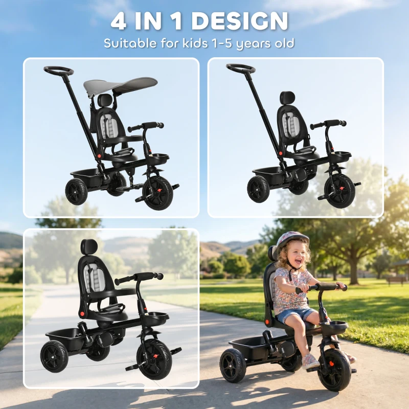 Qaba Tricycle for Toddler 5 in 1 Kids Trike, Converts Stroller to Toddler Bike, Adjustable Backrest & Flat Canopy, Detachable Guardrail & Handle for 1-5 Years Old, Grey