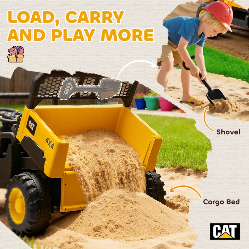 Qaba 24V Kids Ride on Tractor, 4WD 2 Seater Licensed Caterpillar Electric Vehicle with Remote Control, Dump Bed, Yellow