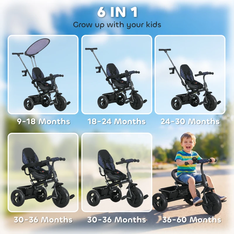 Qaba 6 in 1 Kids Tricycle with Removable Handlebar and Canopy, Navy Blue